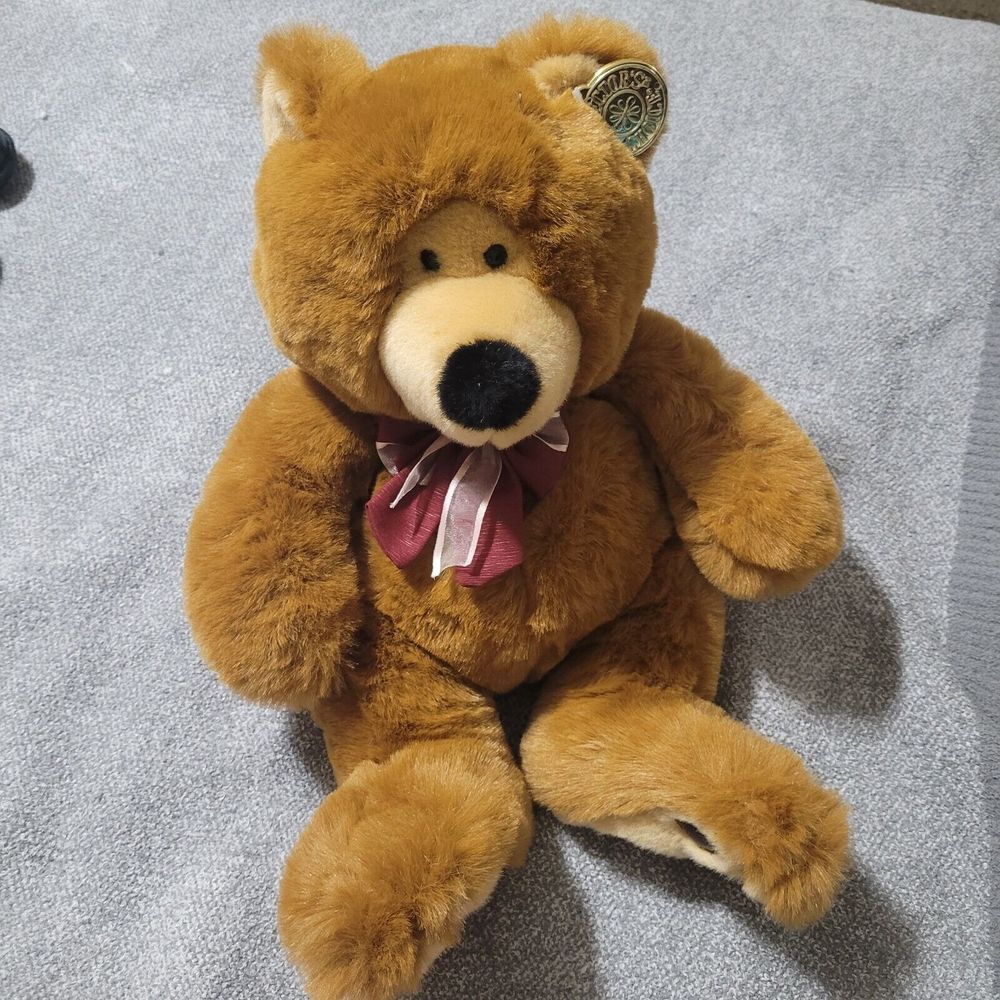 Vintage Platinum Plush Plush Teddy Bear‎ 18" Stuffed Animal Gold Tag Bow So Soft